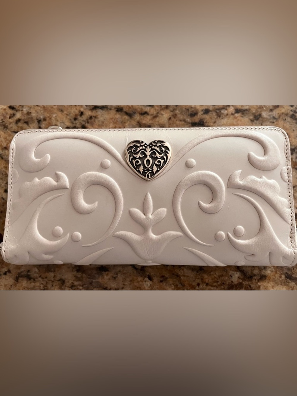 Brighton White Leather Embossed Scroll Heart Wallet